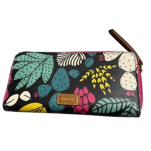 Fossil Eliza Cluth Zip Around Wallet Multicolor Floral Print Leather Logo Accent